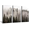 Foggy Forest Picture Wall Art: Landscape Painting Misty Pine Trees Artwork Print on Canvas for Living Rooms Office (34"x20"x3pcs)