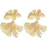 14K Gold Plated Flower Earrings for Women,Statement Ginkgo Leaf Earrings,Dainty Trendy Big Floral Earrings,Elegant Geometric Irregular Hawaiian Unique Plant Earrings Fashion Jewelry(Gin gold)