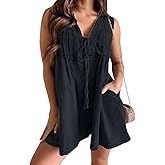 yoeasy Women's Sleeveless V Neck Shorts Denim Romper Tie Front Ruffle Cute Loose Jean Short Overalls with Pockets