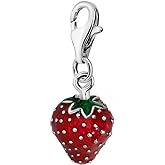 Quiges Red and Green Enamel 3D Strawberry Clip On Charm Pendant Silver Plated Women's Jewellery