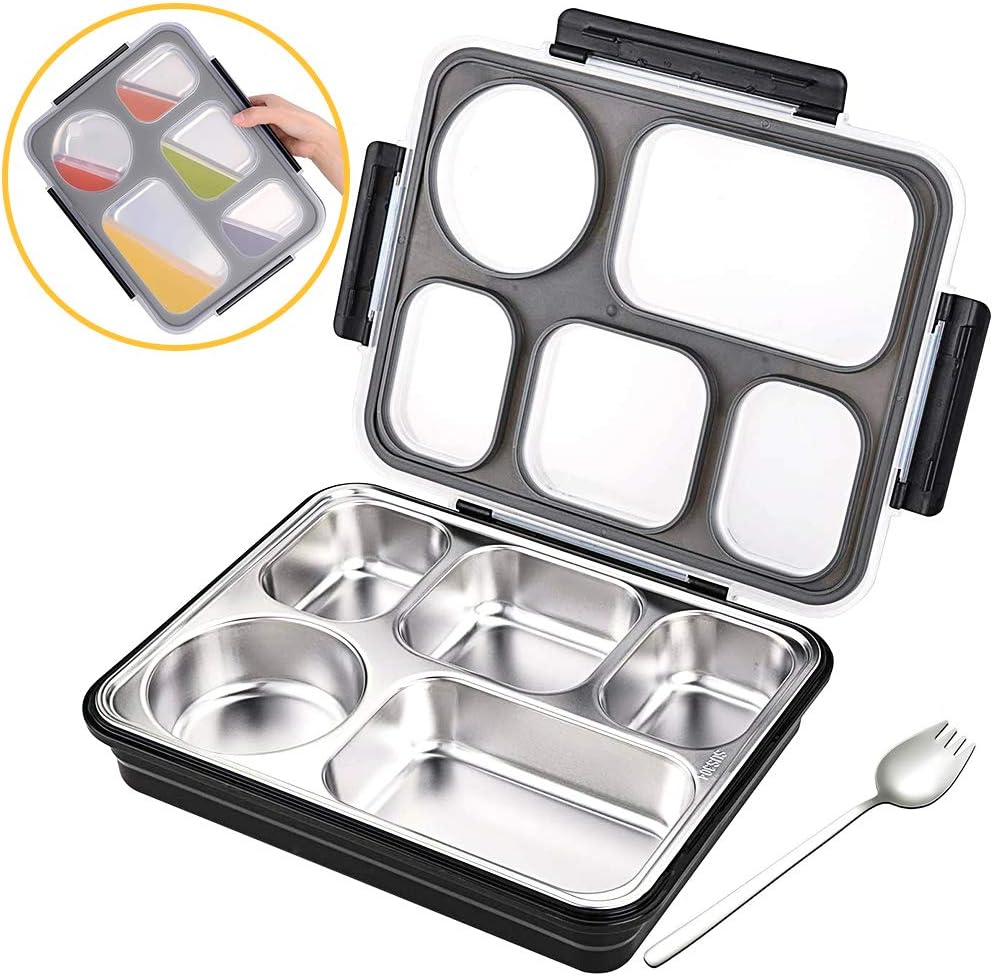 Moikin Bento Lunch Box, Leak-Proof Leakproof Entree Insulated 5 Compartment Lunch Boxes Container with Spoon, BPA Free Stainless Steel Food Storage for Men, Women, Adults, Kids