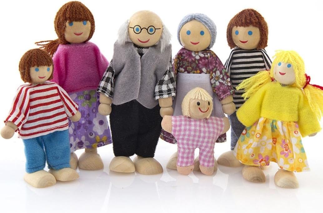 Pandaie Toy,Wooden Furniture Dolls House Family Miniature 7 People Doll Toy For Kid Child,Fun Toys for 1 2 3 4 5 6 7 8 9 10 year old