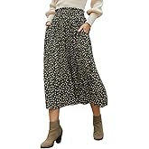 EXLURA Womens High Waist Polka Dot Pleated Maxi Long Skirt Floral Midi Swing Skirt Boho Beach Vacation Outfits with Pockets
