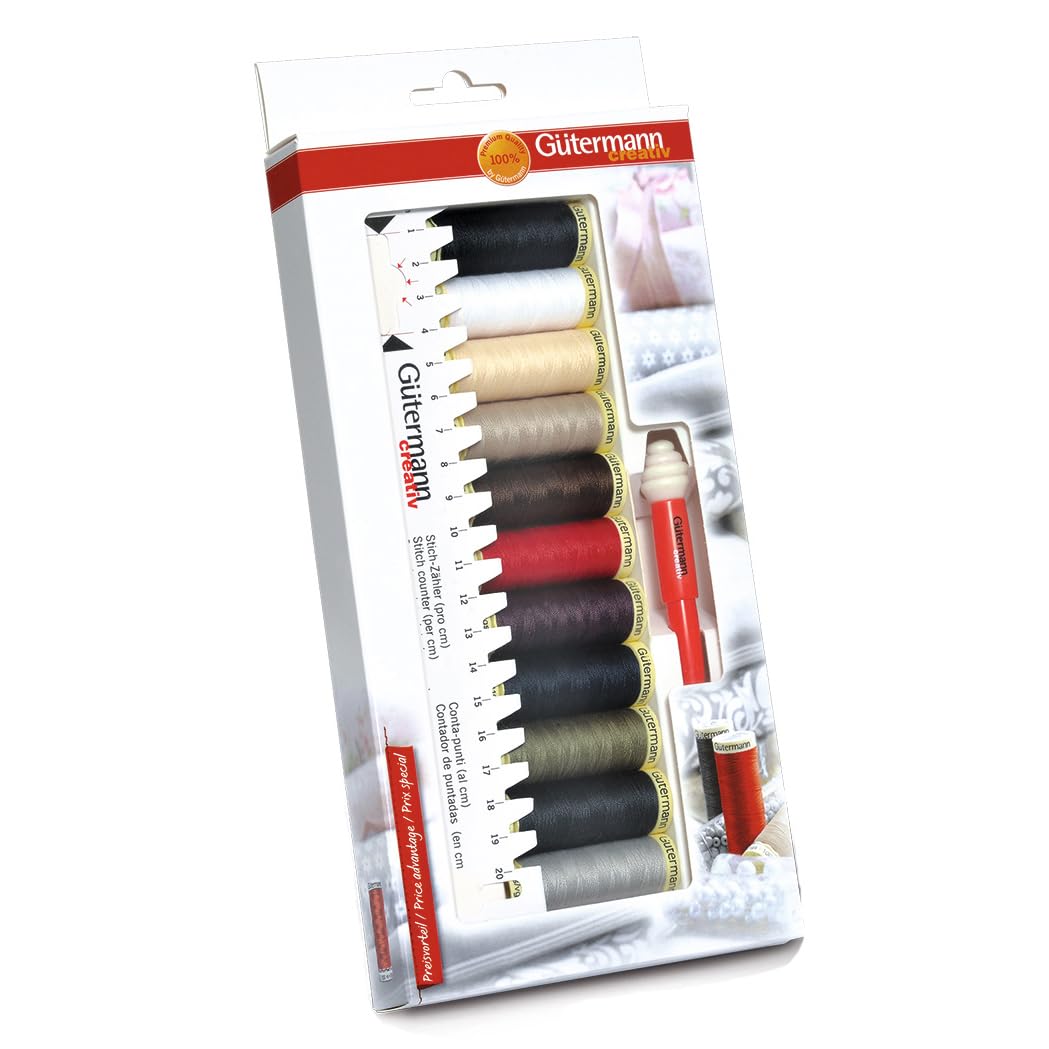 Gütermann creativ Sewing Thread Set with 11 spools Sew-All Thread 100 m in Basic Colours + one Measuring aid and one Seam-fix mini