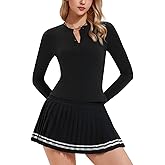 IUK Women's Tennis Skirt Set 2 Piece Long Sleeve Henley & Pleated Skort - Pickleball Outfits, Athletic Dress Alternative