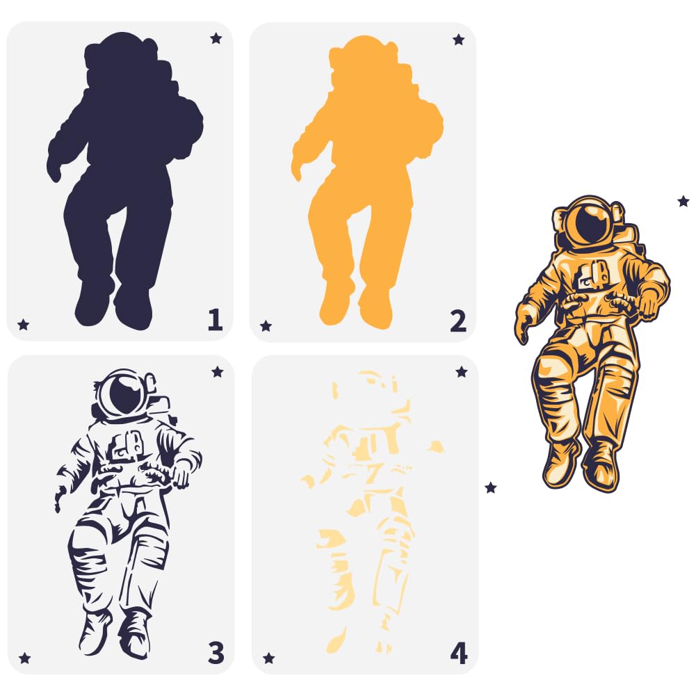 FINGERINSPIRE 4PCS Layered Astronaut Stencils 21x29.7cm Large Spacesuit Drawing Template Plastic PET Helmet Pattern for Painting on Wood Canvas Space Theme