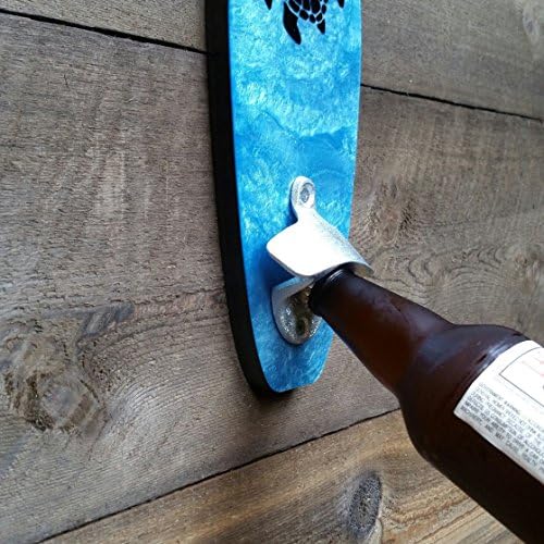 Laguna Beach Surfboards - Handmade Wall Mounted Decor Bottle Opener in Metallic Light Blue with Sea Turtle Decal