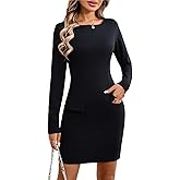 Vidifid Women's Long Sleeve Mini Dress Boat Neck Cocktail Dresses Summer A-Line Club Party Short Formal Dress with Pockets
