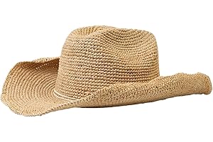Hand-Crocheted Natural Raffia Straw Western Cowboy Hat Women Men Summer Wide Brim Sun Hat Outdoor Breathable Beach Panama M