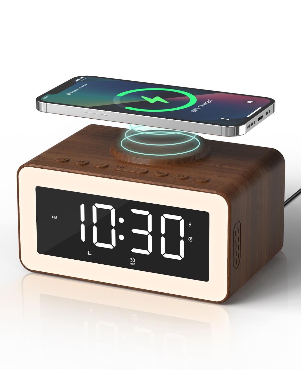 Photo 1 of Digital Alarm Clocks for Bedrooms, Bluetooth Speaker, Alarm Clock with Wireless Charging, White/Brown Noise Sound Machine for Sleep with Night Light Wooden Vintage Decor Birthday Gifts for Men, Women