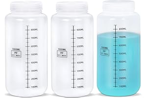 UMETASS 34oz/1000ml Wide Mouth Plastic Bottles with Airtight Lids, Graduated Food Grade Leak Proof PP Containers Jars for Water Sample Lab Reagent Liquid Medicine Storage (Transparent, 3 Pcs)