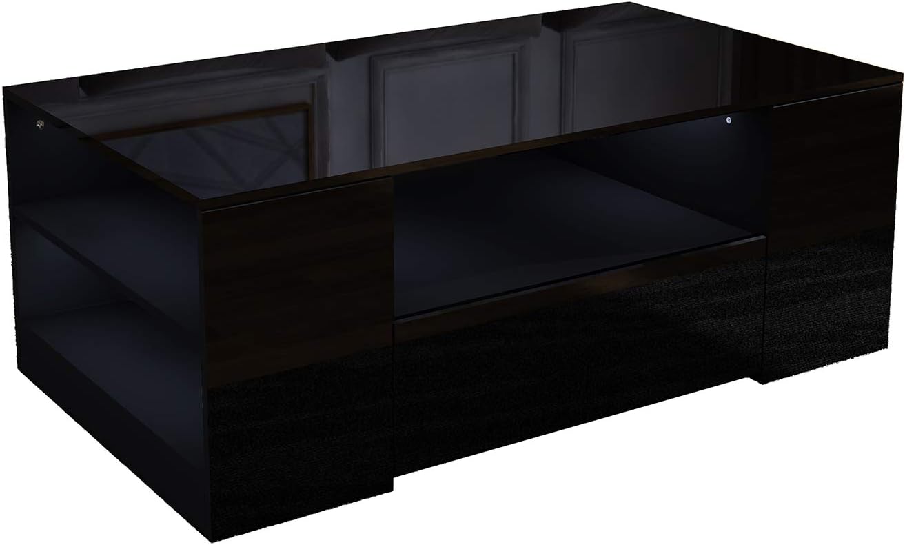 Modern Rectangle Coffee Table Black High Gloss Coffee Table With 2 Storage Drawers Shelvs For Living Room Furniture Home Kitchen