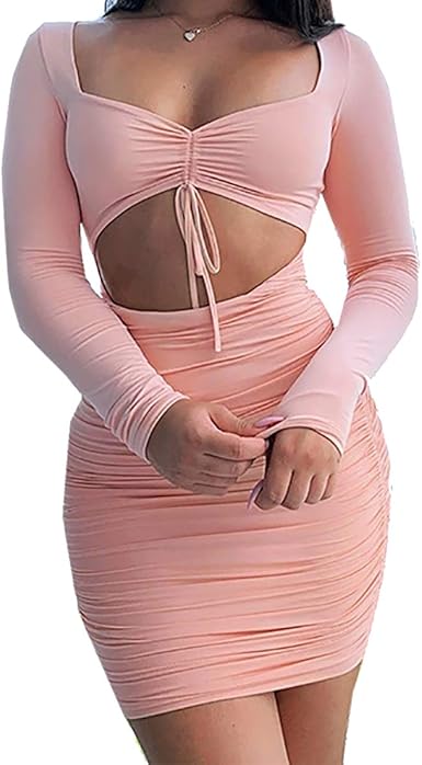 Amazon Com Ne Norboe Women S Ruched Short Cut Long Sleeve Sexy Bodycon Club One Piece Mini Dress Pink S Clothing