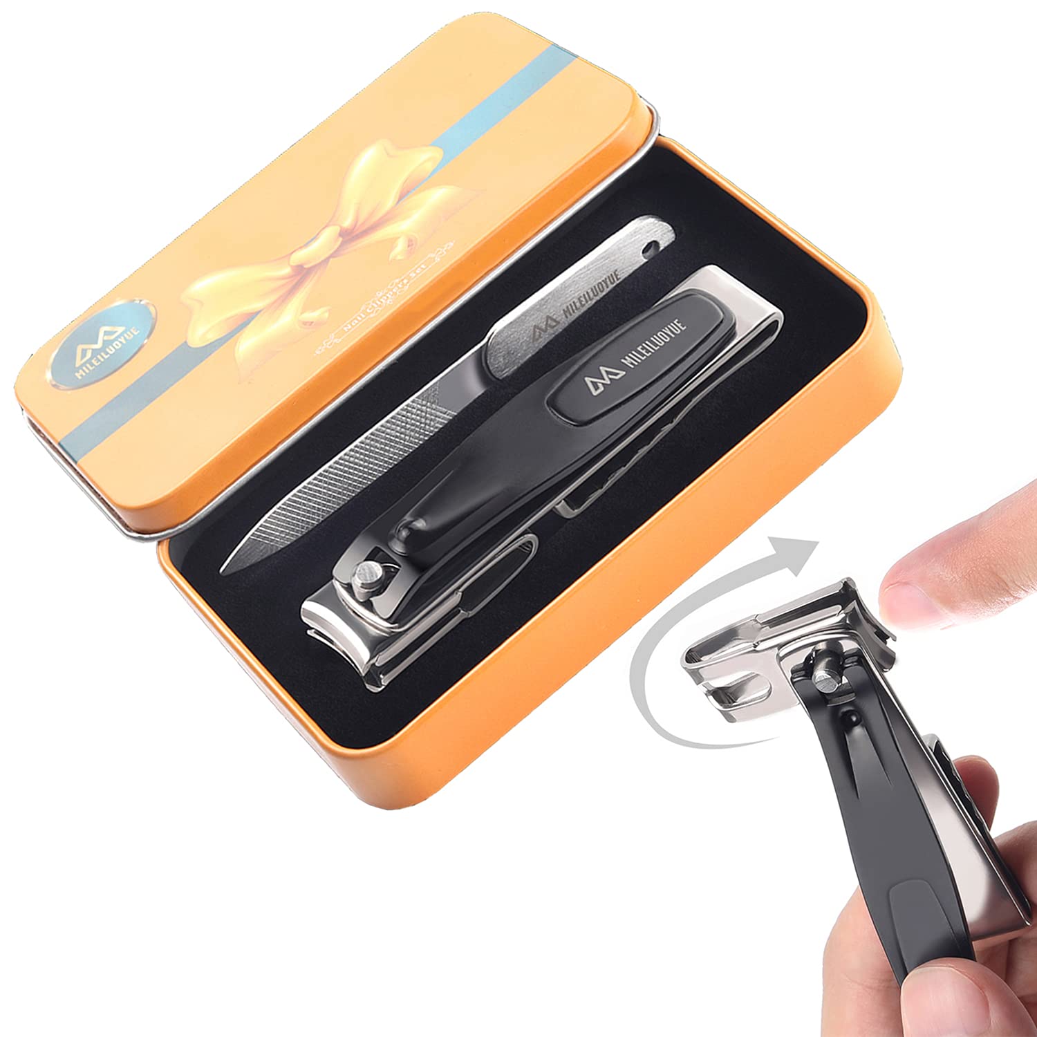Nail Clippers Kit 2Pcs，Nail File,360°Degree Rotating Head Nail Clippers,Stainless Steel Sharp Pedicure,Large Nail Clippers Swivel Head for Thick Nails,Metal Tin Box for Suitable for Gifts