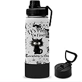 Cat Gifts for Women, 18oz Fine Cat Water Bottle with Straw Lid & Spout Lid - I'm Fine Black Cats Insulated Water Bottles, BPA-free Leakproof Sports Waters Bottle for School, Gift Cup for Cats Lover