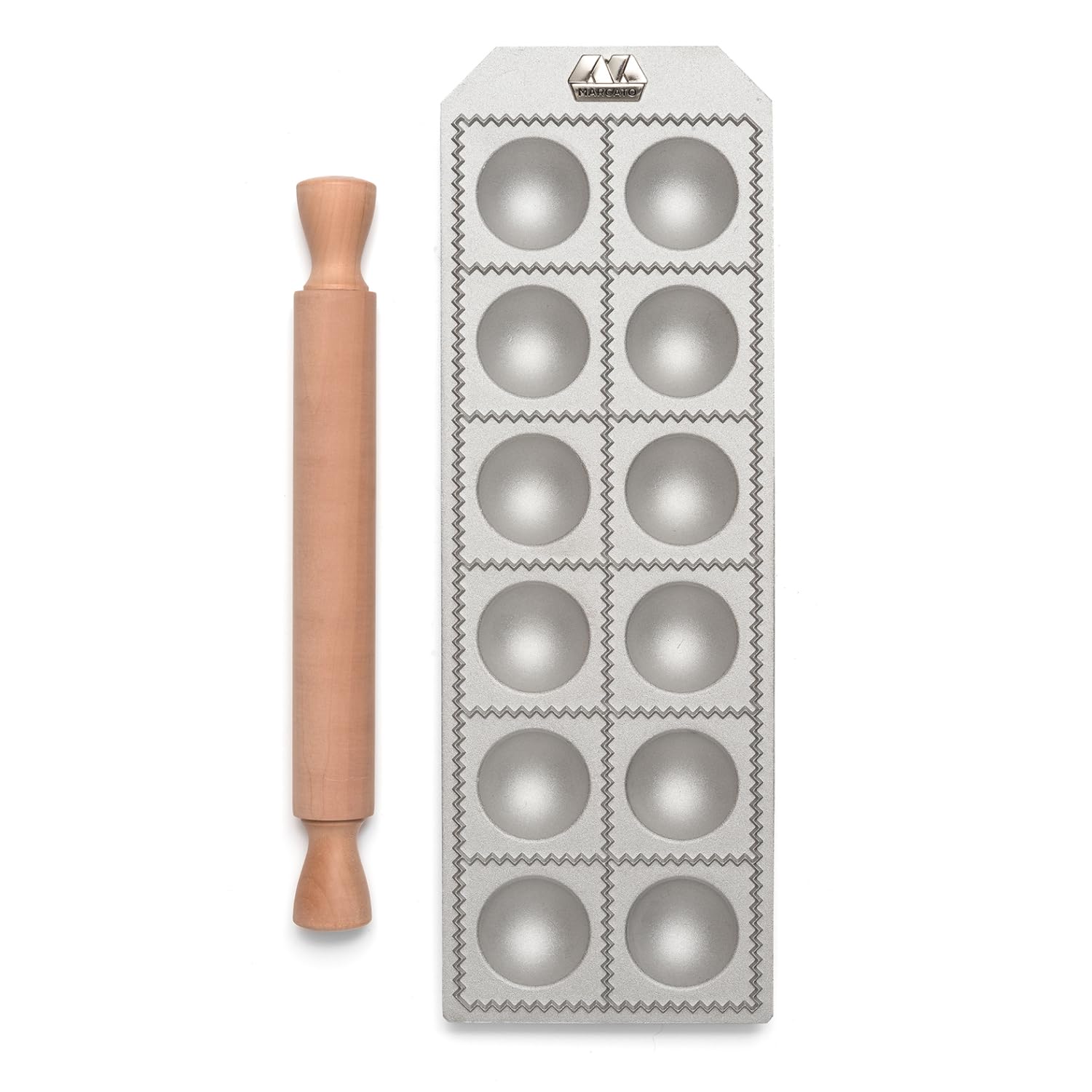 Marcato Ravioli Maker Press, Ravioli Machine, Homemade Ravioli Cutter, 50 mm Round Cut, Ample Filling Space, Wooden Rolling Pin Included, Made in Italy
