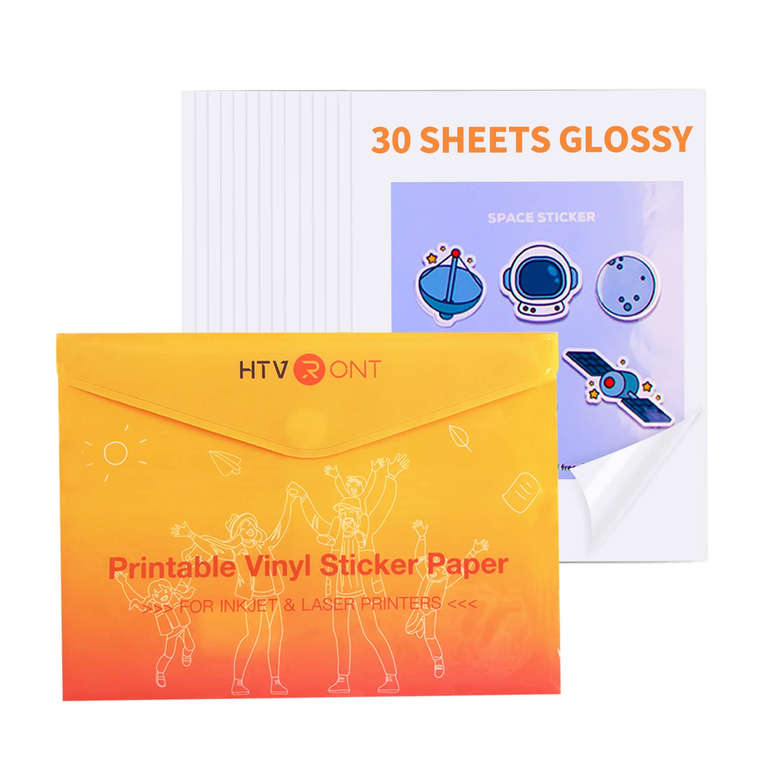 Photo 1 of HTVRONT Printable Vinyl Sticker Paper - 30 Sheets Glossy Waterproof Sticker Paper for Inkjet Printer & Laser Printer, Dries Quickly & Tear Resistant 8.5"x11"