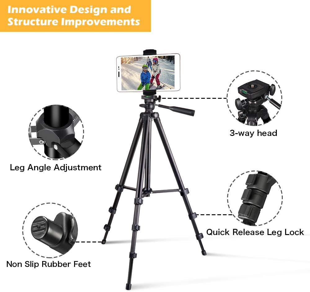 Phone Tripod, Aureday 50” Extendable Adjustable Smartphone & Tablet Tripod Stand with Phone Holder Mount & Remote, Compatible with Tablet/Cell Phone/Camera: Camera & Photo