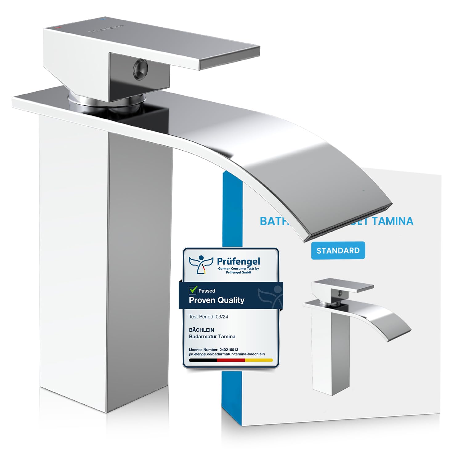 Bächlein Bathroom Tap Tamina in Waterfall Design, Single-Lever Mixer with Durable Ceramic Cartridge and Installation Set, Chrome Bathroom Faucet — image 1