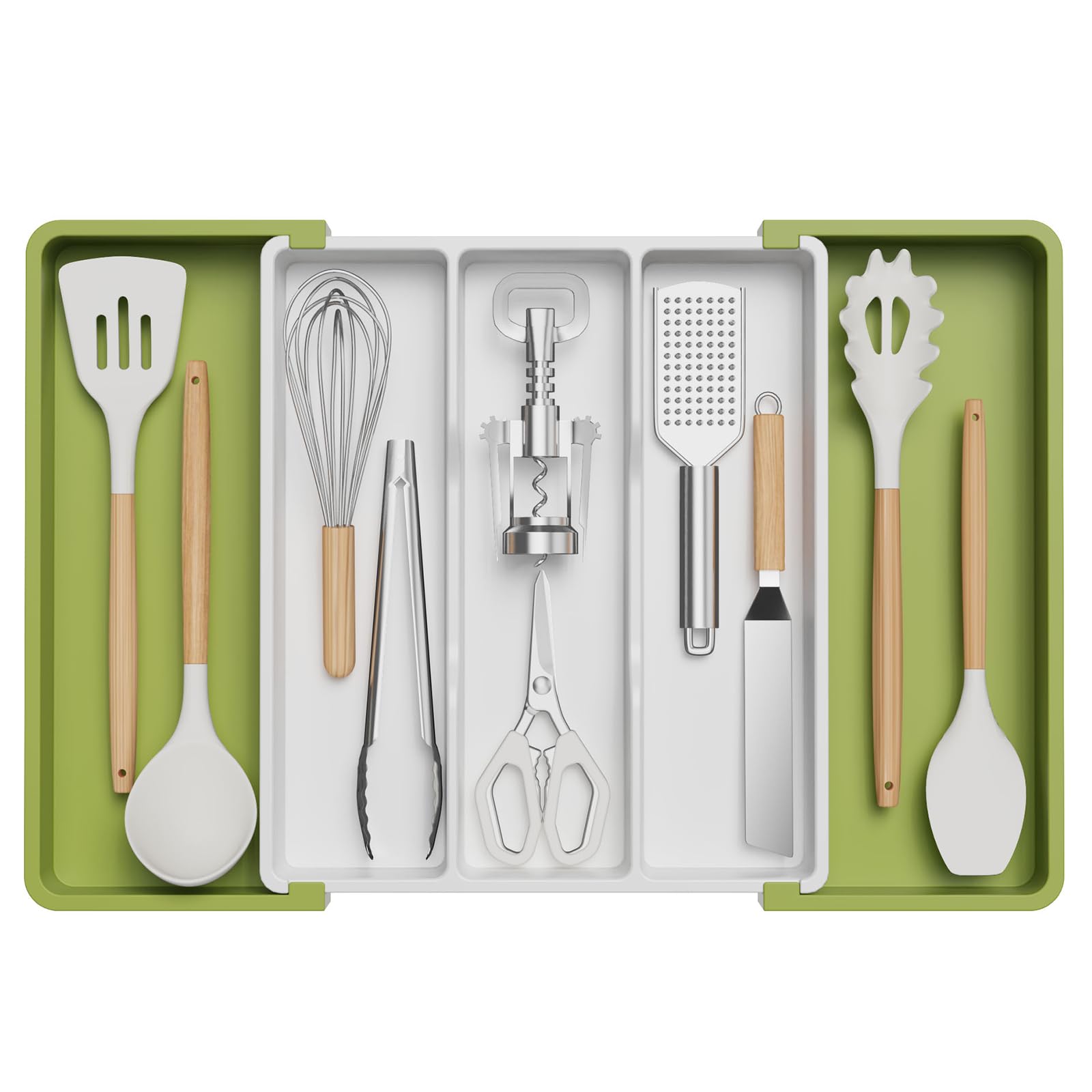 Lifewit Utensil Drawer Organiser, Extendable Cutlery Tray for Kitchen, Adjustable Silverware Flatware Holder, Plastic Kitchen Spatula Tools and Gadgets Storage Divider, Large, Green&White