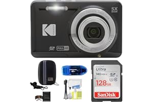 Kodak Pixpro FZ55 Digital Camera (Black) Bundle, Includes: SanDisk 128GB Memory Card, Hard Shell Camera Case, SD Card Reader 