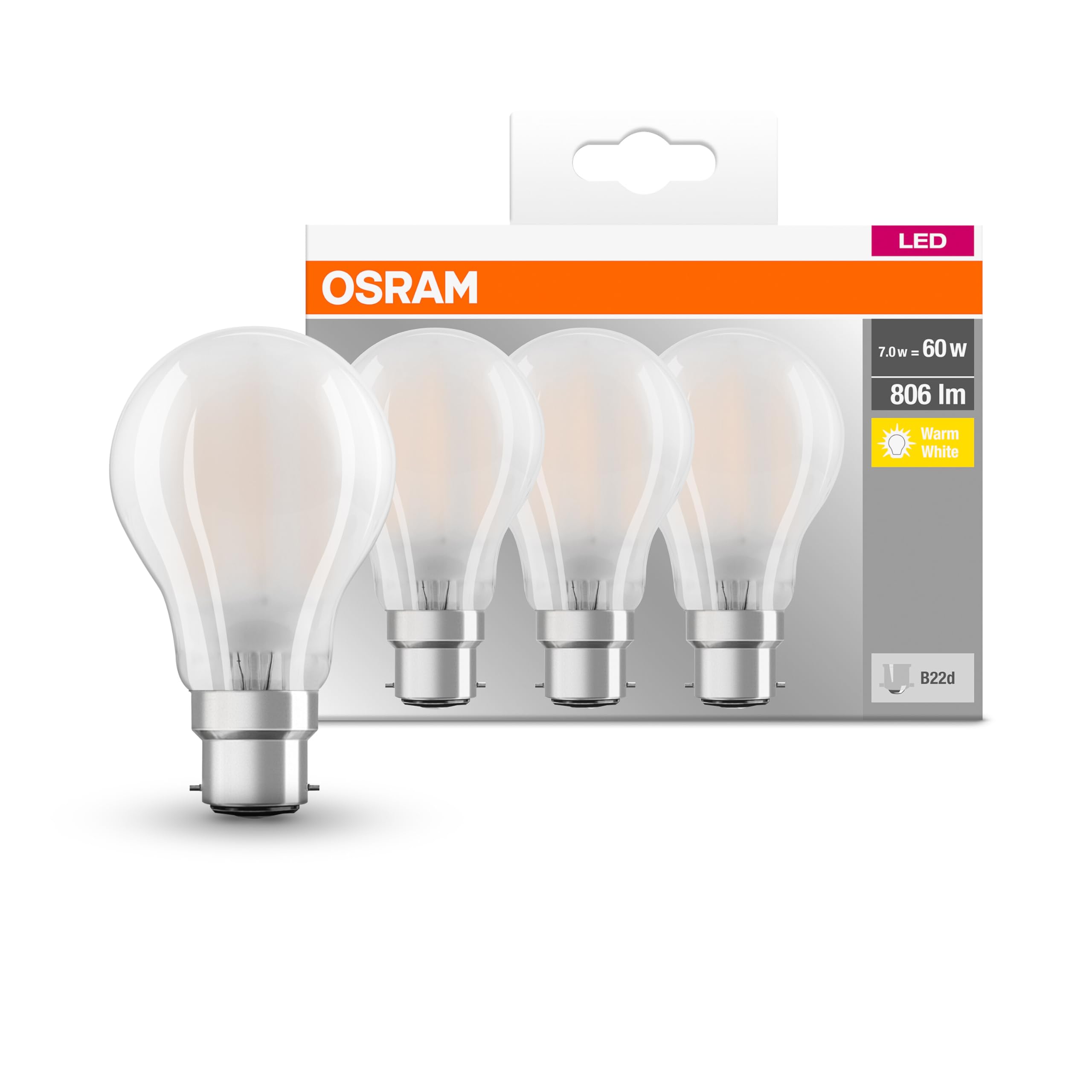 Osram LED Lamp/Socket: B22d Warm White/2700 K/7 W LED Base Classic A Replacement for 60 W Incandescent Bulb
