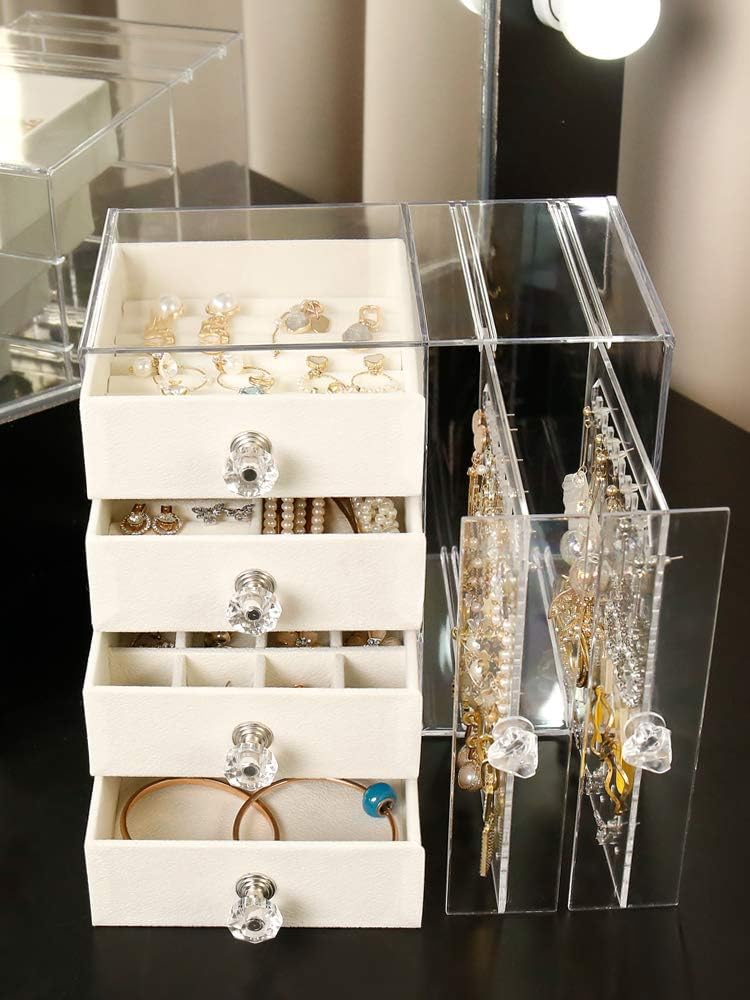 Cq acrylic Jewelry Box for Women with 4 Drawers, Hanging Velvet Jewelry Organizer for Earring Bangle Bracelet Necklace and Rings Storage Clear Acrylic Jewelry case,White: Home Improvement