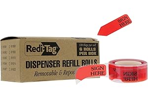 Redi-Tag "Sign Here" Adhesive Flags for Dispenser, Ideal for Office, School and Home Organization, Refills for Dispenser, 1.75" x 0.6", Red, 120 per Box, 6 Rolls, 720 Flags (B91002)