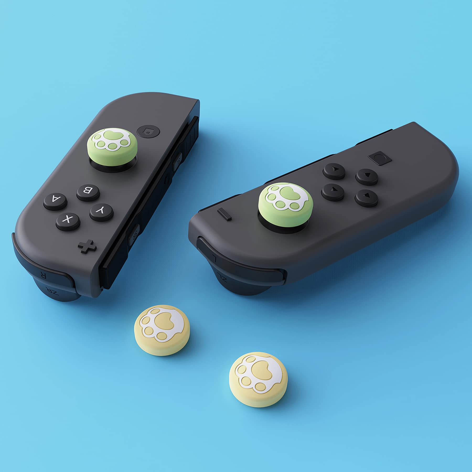 eXtremeRate PlayVital Cute Thumb Grip Caps for Nintendo Switch, Joystick Caps for Switch Lite, Silicone Analog Cover Thumbstick Grips for Switch OLED Joycon - Cat Paw Matcha Green & Cream Yellow
