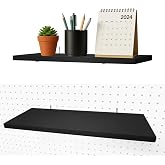 Pegboard Shelves, 2Pack Black 16" x 6" Large Peg Board Racks and Brackets | Heavy Duty Metal Brackets Fit 1/4" Peg Board, Decorative Wooden Shelf, Display Wall Holders for Craft Garage Workbench Office