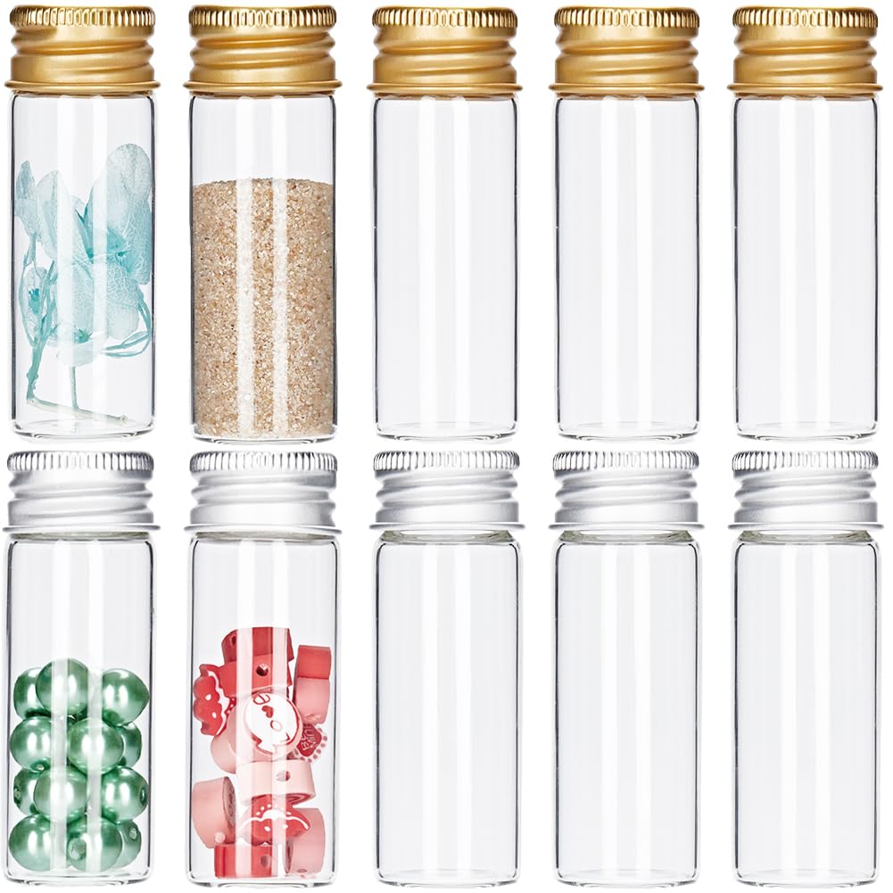 SUNNYCLUE 40pcs Mini Glass Jars 12ml with Aluminum Screw Caps, Transparent, Chic, Cylindrical, Perfect for DIY Crafts, Wedding Favors & Decoration