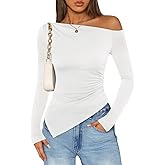 ZESICA Women's Off The Shoulder Tops 2026 Long Sleeve Y2K Asymmetrical Ruched Fitted Shirts Spring Trendy Going Out Top