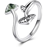POPLYKE Moss Agate Mushroom Rings For Women Sterling Silver Adjustable Open Ring Jewelry Vintage Nature Ring