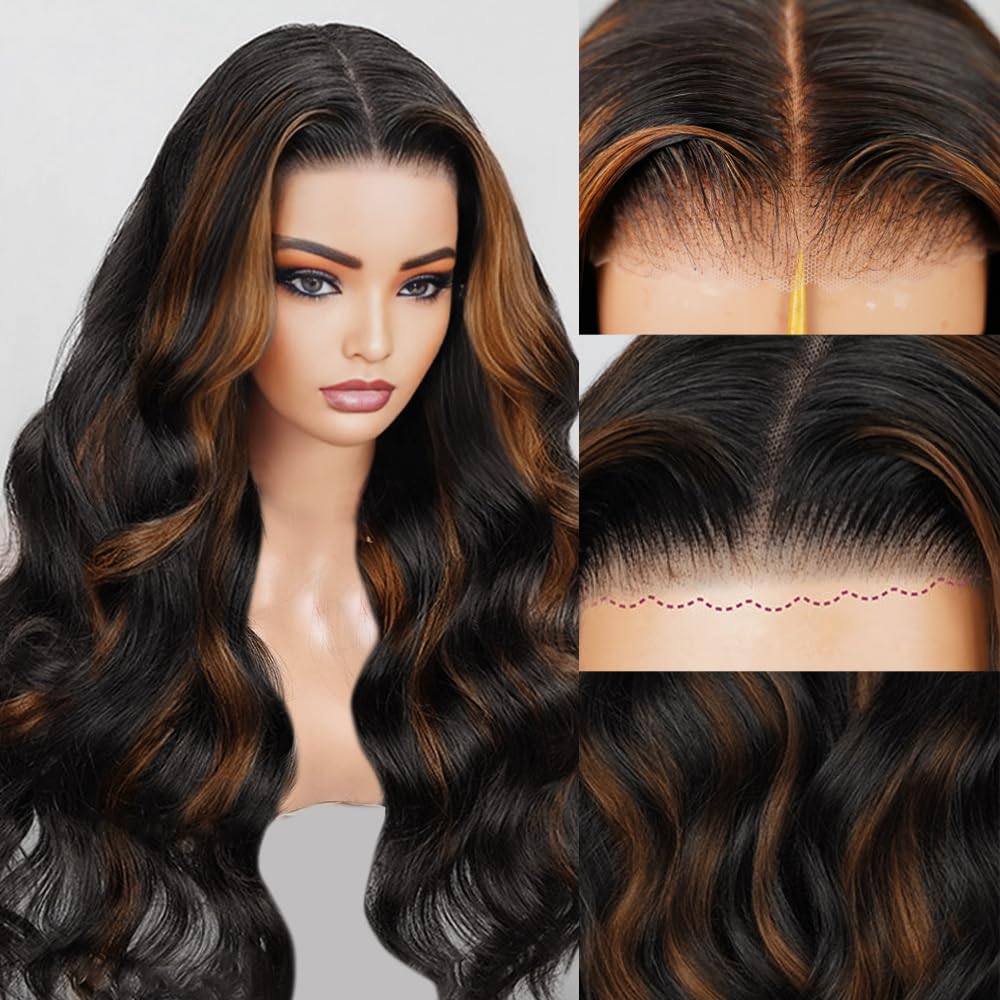 Photo 1 of 28 Inch Ombre Highlight Lace Front Wig Human Hair 200 Density Ombre Glueless Wigs Human Hair Pre Plucked Pre Cut 7x5 Hd 1b/30 Skunk Stripe Body Wave Balayage Highlighted Wig Human Hair for Women