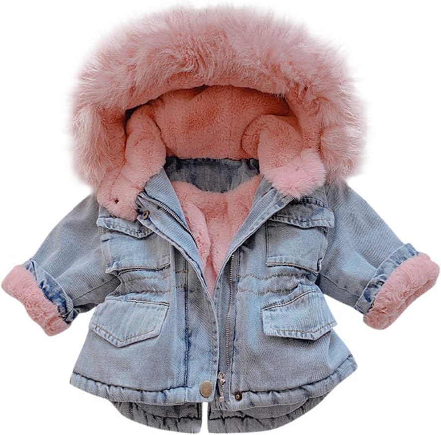 AmaoneAmaone Baby Coats 1-6Years Old Girls Boys Kids Denim Jacket Winter Warm Thick with Fur Hood Zip Pocket Unisex Toddler Outwear