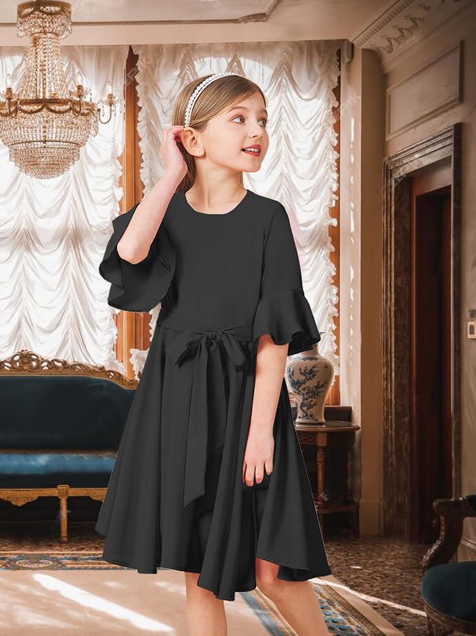 WIFFGO Girls Fall Winter Dresses Formal Fashion Belt Fit Knee High Modest Big Kids Midi Teen Dresses Outfits