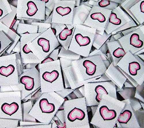 100 PCS Woven Folded Clothing Sewing Labels Tags - Pink Heart