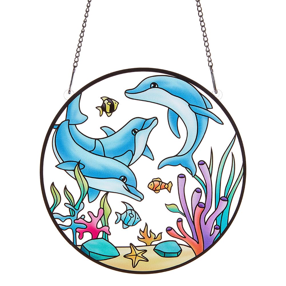 PLIGREAT Suncatchers Sea Fish Dolphin Acrylic Stained Glass Sun Catcher Summer Patio Garden Hanging Tree Ornaments for Bedroom Living Room Window Decoration Wall Art Decor Housewarming Memorial Gifts