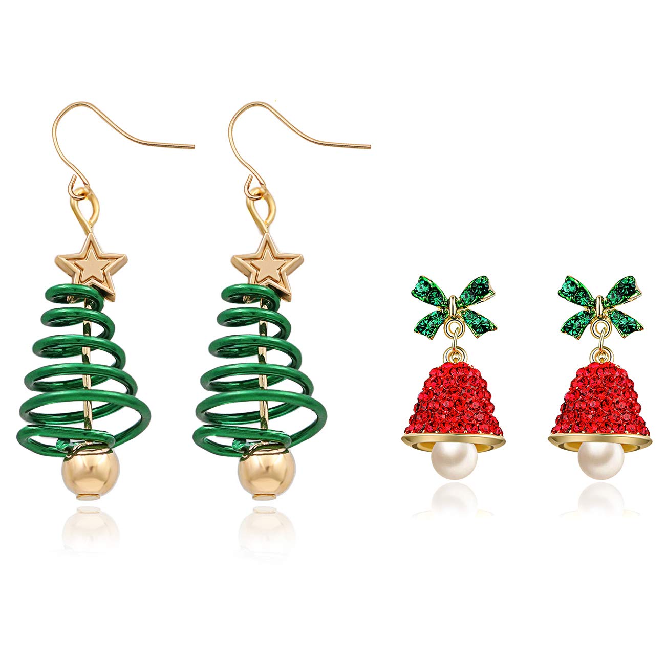Gleamart 2 Pairs Christmas Earrings Set Gifts for Women Drop Dangle Christmas Tree Jingle Bell Earrings