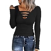 HERILIOS Women Casual Long Sleeve Tunic Tops V-Neck T Shirts Criss Cross Ribbed Casual Tee Slim Fitted Fall Blouse