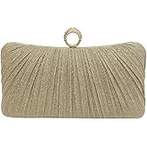 Womens Golden Glitter Clutch Purse Pleated Evening Bag for Bridal Wedding Party with Rhinestone Ring Gold