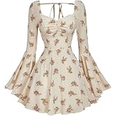 WDIRARA Women's Floral Jacquard Gothic Bell Long Sleeve Dress | Mesh , A Line, Vintage