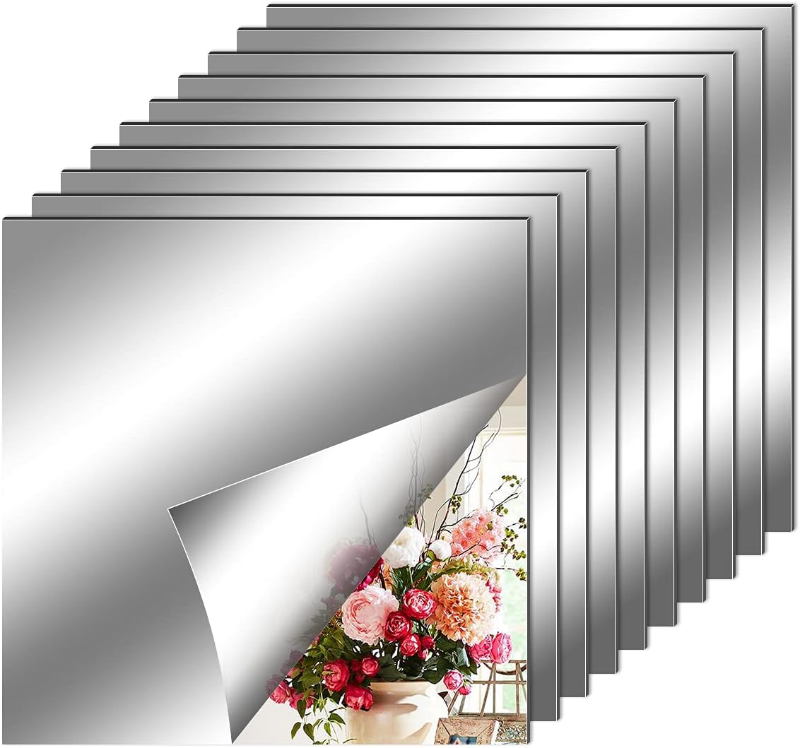 Mirrors - Fantasyon 10 Pieces Flexible Mirror Sheets, Self Adhesive Decorative Plastic Mirror Tiles Non-Glass Mirror Stickers for School Educational and Home Wall Decor(8x8 Inch)