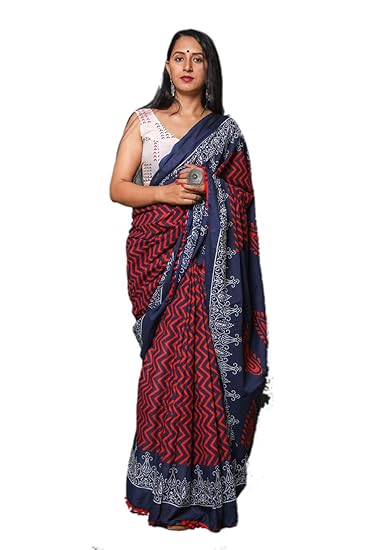 Womens Hand Block Jaipuri Print Cotton Mulmul Saree with Blouse (CT-MUL-PCN-111, Multicolour)