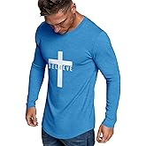 iudam Men's Long Sleeve Crewneck Graphic Tee Believe Cross Print Christian Shirts Workout Shirts