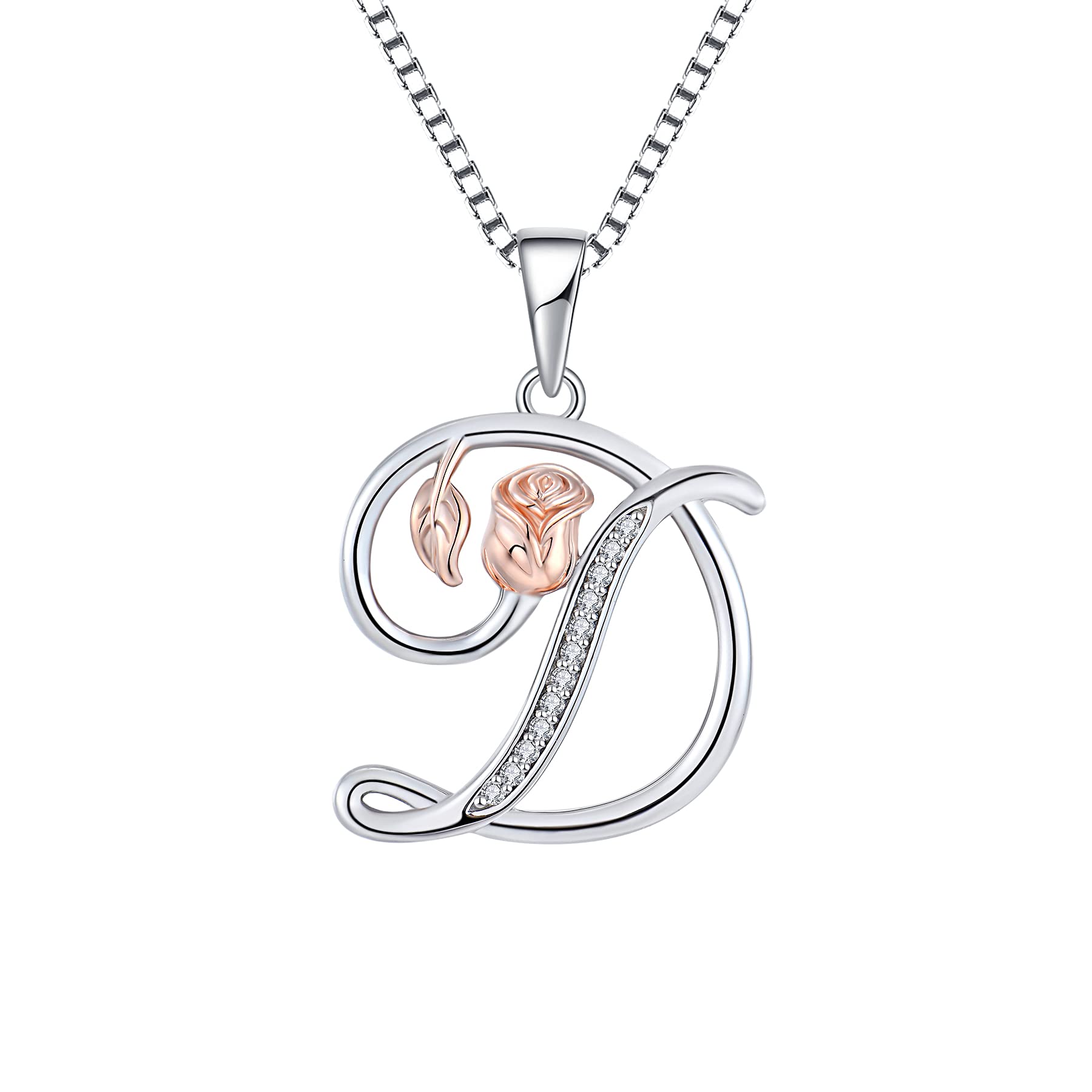 starchenie Alphabet Rose necklace Letter D Necklace Zirconia Pendant 925 Sterling Silver Necklace for Women