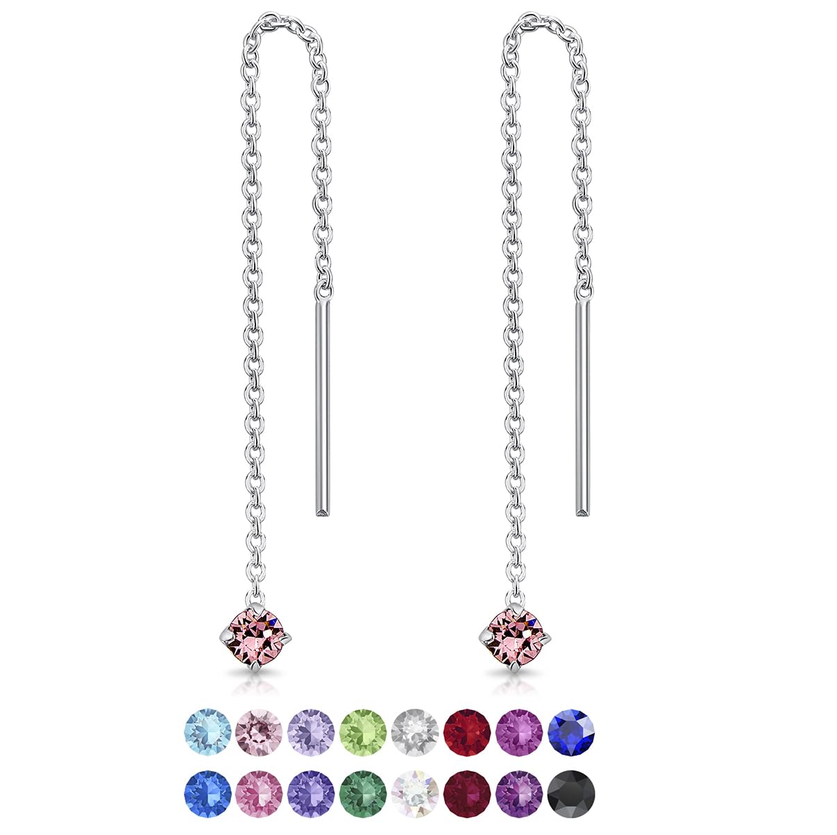 DTPsilver® 925 Sterling Silver SMALL Pull Through Drop Chain Earrings & MINI Round Dangling 3 mm Glittering Crystals from Swarovski® Elements - Total Length 57 mm - Colour : Light Rose