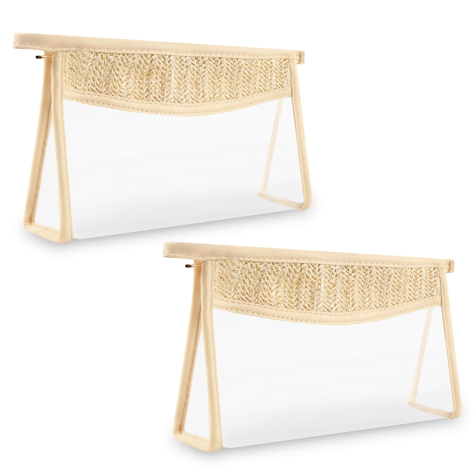 Photo 1 of 2Pcs Boho Patch Bag Clear Makeup Letter Bag, Waterproof Zipper Make up Bags Toiletry Pouch for Women Girls, Hollow Woven Clear Letter Patch Cosmetic Bags Transparent Organizer Pouch for Travel