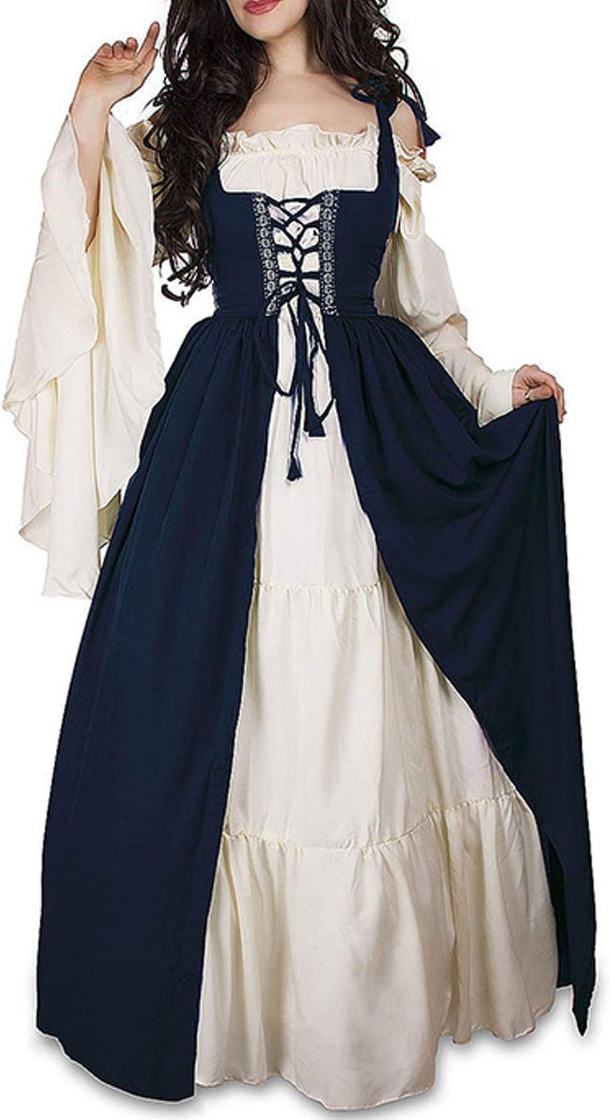 WENROU Womens Renaissance Medieval Irish Costume Over Dress and Cream Chemise Set (S, Blue)