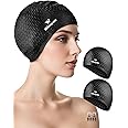 2 Pack Unisex Silicone Swim Cap for Women Men, Large Size Swimming Caps for Long Hair/Braids to Keep Hair Dry, Waterproof Bathing Caps for Swimming with Ear Plugs & Nose Clip Set